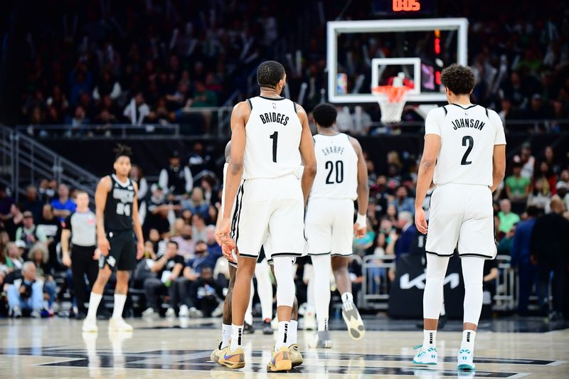 AUSTIN, TX - MARCH 17: Mikal Bridges #1 and Cameron Johnson #2 of the Brooklyn Nets look on during the game against the San Antonio Spurs on March 17, 2024 at the Moody Center in Austin, Texas. NOTE TO USER: User expressly acknowledges and agrees that, by downloading and or using this photograph, user is consenting to the terms and conditions of the Getty Images License Agreement. Mandatory Copyright Notice: Copyright 2024 NBAE (Photos by Michael Gonzales/NBAE via Getty Images)