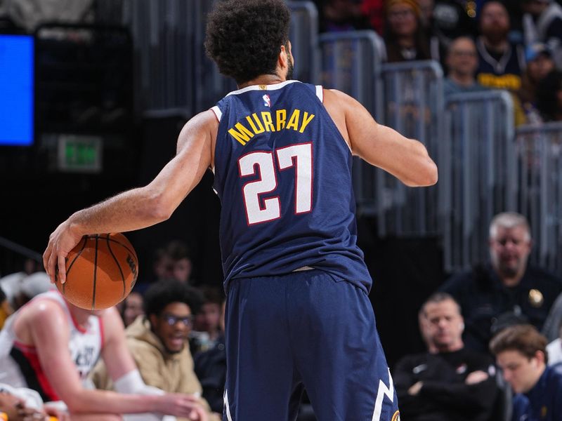 DENVER, CO - FEBRUARY 12:  Jamal Murray #27 of the Denver Nuggets dribbles the ball during the game against the Portland Trail Blazers on February 12, 2025 at Ball Arena in Denver, Colorado. NOTE TO USER: User expressly acknowledges and agrees that, by downloading and/or using this Photograph, user is consenting to the terms and conditions of the Getty Images License Agreement. Mandatory Copyright Notice: Copyright 2025 NBAE (Photo by Garrett Ellwood/NBAE via Getty Images)