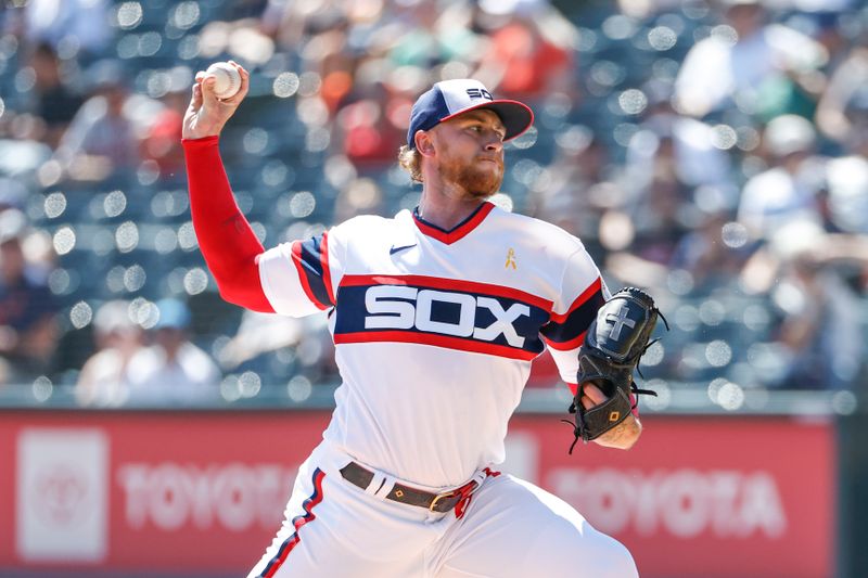 Sep 3, 2023; Chicago, Illinois, USA; Chicago White Sox starting pitcher Michael Kopech (34) delivers a pitch against the Detroit Tigers during the first inning at Guaranteed Rate Field. Mandatory Credit: Kamil Krzaczynski-USA TODAY Sports