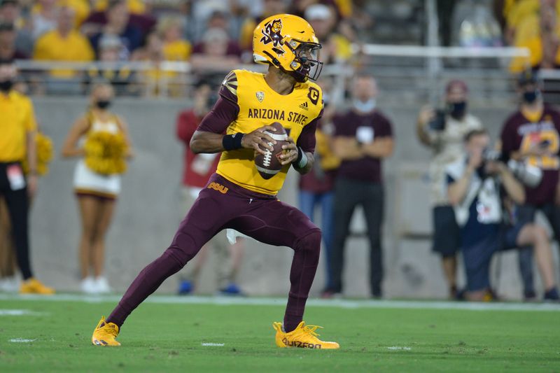 Sep 25, 2021; Tempe, Arizona, USA; Arizona State Sun Devils quarterback Jayden Daniels (5) drops back to pass against the Colorado Buffaloes during the first half at Sun Devil Stadium. Mandatory Credit: Joe Camporeale-USA TODAY Sports