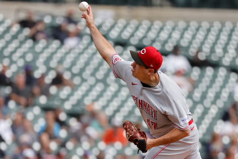 Sep 14, 2023; Detroit, Michigan, USA; Cincinnati Reds relief pitcher Derek Law (47) pitches in the first inning against the Detroit Tigers at Comerica Park. Mandatory Credit: Rick Osentoski-USA TODAY Sports