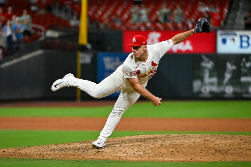 Sep 17, 2024; St. Louis, Missouri, USA;  St. Louis Cardinals relief pitcher Ryan Helsley (56) pitches against the Pittsburgh Pirates during the ninth inning at Busch Stadium. Mandatory Credit: Jeff Curry-Imagn Images