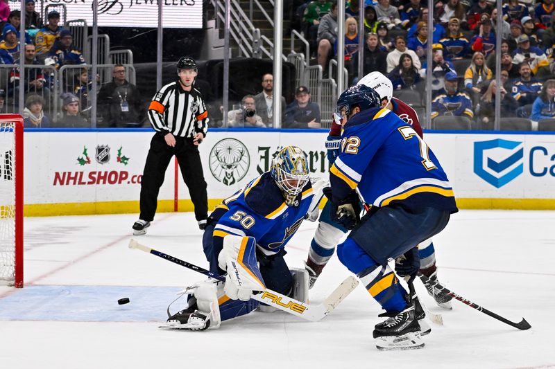 Dec 29, 2023; St. Louis, Missouri, USA;  St. Louis Blues goaltender Jordan Binnington (50) gives up the game winning goal to Colorado Avalanche defenseman Devon Toews (not pictured) during the third period at Enterprise Center. Mandatory Credit: Jeff Curry-USA TODAY Sports