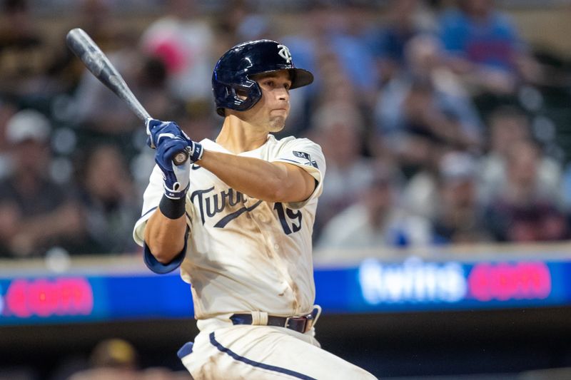 May 10, 2023; Minneapolis, Minnesota, USA; Minnesota Twins first baseman Alex Kirilloff (19) hits a RBI walk off single in the eleventh inning to defeat the San Diego Padres. at Target Field. Mandatory Credit: Jesse Johnson-USA TODAY Sports