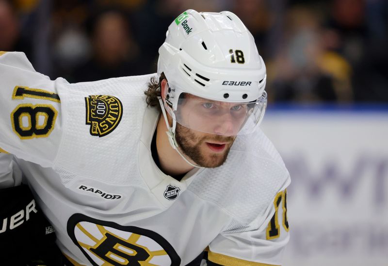 Dec 27, 2023; Buffalo, New York, USA;  Boston Bruins center Pavel Zacha (18) waits for the face-off during the third period against the Buffalo Sabres at KeyBank Center. Mandatory Credit: Timothy T. Ludwig-USA TODAY Sports