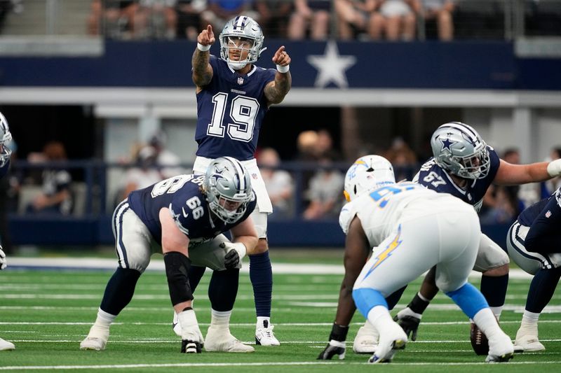 Dallas Cowboys quarterback Trey Lance calls a play during the first half of a preseason NFL football game against the Los Angeles Chargers, Saturday, Aug. 24, 2024, in Arlington, Texas.(AP Photo/Tony Gutierrez )