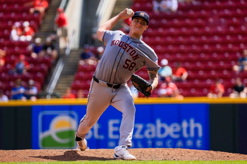 Sep 5, 2024; Cincinnati, Ohio, USA; Houston Astros starting pitcher Hunter Brown (58) pitches against the Cincinnati Reds in the fifth inning at Great American Ball Park. Mandatory Credit: Katie Stratman-Imagn Images