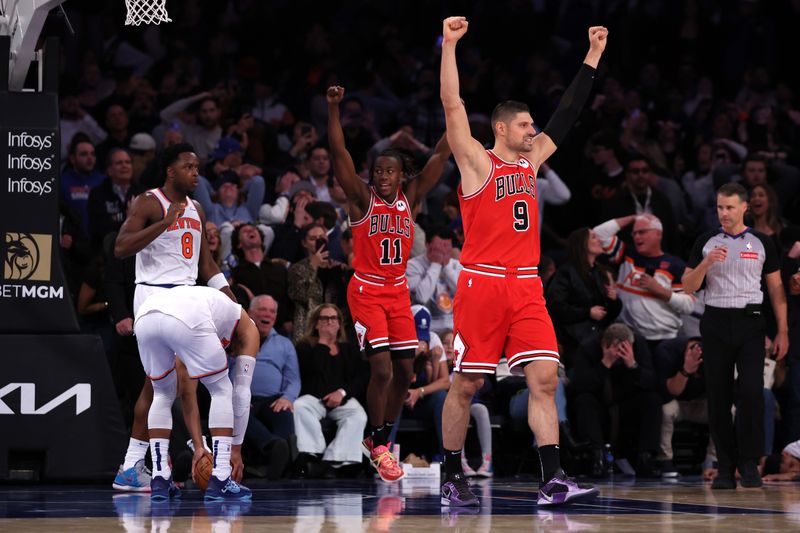 NEW YORK, NEW YORK - NOVEMBER 13: Nikola Vucevic #9 and Ayo Dosunmu #11 of the Chicago Bulls celebrate after their team defeated the New York Knicks at Madison Square Garden on November 13, 2024 in New York City. NOTE TO USER: User expressly acknowledges and agrees that, by downloading and or using this photograph, User is consenting to the terms and conditions of the Getty Images License Agreement.  (Photo by Elsa/Getty Images)