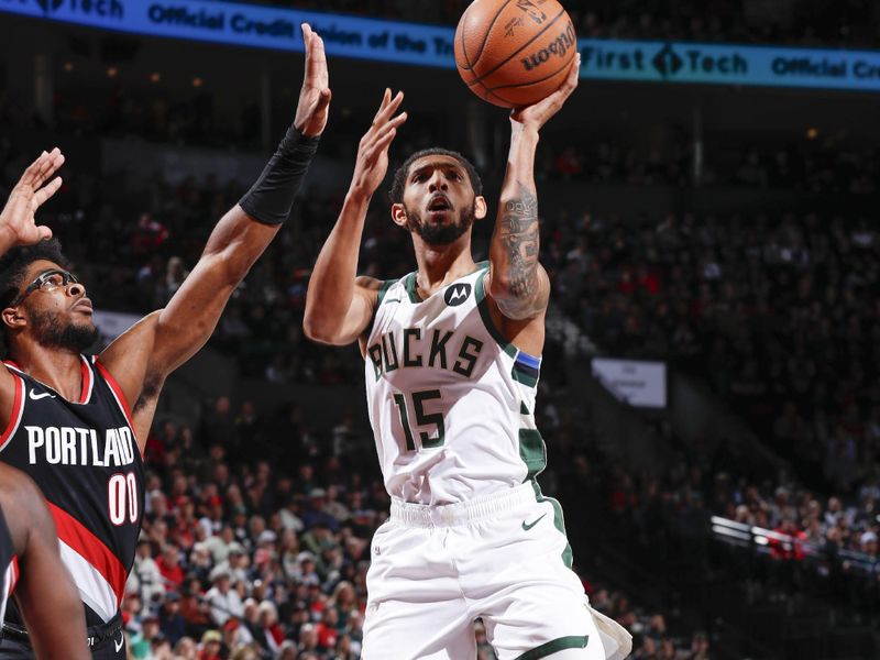 PORTLAND, OR - JANUARY 31:  Cameron Payne #15 of the Milwaukee Bucks goes to the basket during the game on January 31, 2024 at the Moda Center Arena in Portland, Oregon. NOTE TO USER: User expressly acknowledges and agrees that, by downloading and or using this photograph, user is consenting to the terms and conditions of the Getty Images License Agreement. Mandatory Copyright Notice: Copyright 2024 NBAE (Photo by Cameron Browne/NBAE via Getty Images)