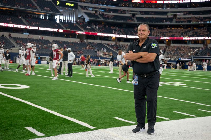 Sep 30, 2023; Arlington, Texas, USA; Arkansas Razorbacks head coach Sam Pittman before the game between the Texas A&M Aggies and the Arkansas Razorbacks at AT&T Stadium. Mandatory Credit: Jerome Miron-USA TODAY Sports