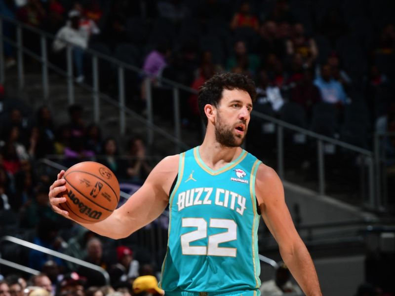 ATLANTA, GA - MARCH 23: Vasilije Micic #22 of the Charlotte Hornets dribbles the ball during the game against the Atlanta Hawks on March 23, 2024 at State Farm Arena in Atlanta, Georgia.  NOTE TO USER: User expressly acknowledges and agrees that, by downloading and/or using this Photograph, user is consenting to the terms and conditions of the Getty Images License Agreement. Mandatory Copyright Notice: Copyright 2024 NBAE (Photo by Scott Cunningham/NBAE via Getty Images)