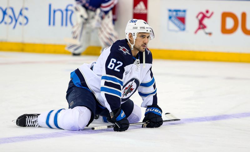 Mar 19, 2024; New York, New York, USA; Winnipeg Jets right wing Nino Niederreiter (62) stretches during warmups before the first period against the New York Rangers at Madison Square Garden. Mandatory Credit: Danny Wild-USA TODAY Sports