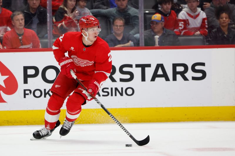 Mar 14, 2024; Detroit, Michigan, USA;  Detroit Red Wings defenseman Olli Maatta (2) skates with the puck in the first period against the Arizona Coyotes at Little Caesars Arena. Mandatory Credit: Rick Osentoski-USA TODAY Sports