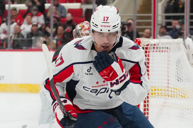 Nov 11, 2025; Raleigh, North Carolina, USA; Washington Capitals center Dylan Strome (17) celebrates his goal against the Carolina Hurricanes during the second period at Lenovo Center. Mandatory Credit: James Guillory-Imagn Images