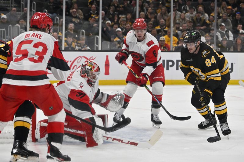 Nov 1, 2025; Boston, Massachusetts, USA; Carolina Hurricanes goaltender Frederik Andersen (31) makes a save on a shot by Boston Bruins left wing Tanner Jeannot (84) during the first period at TD Garden. Mandatory Credit: Eric Canha-Imagn Images