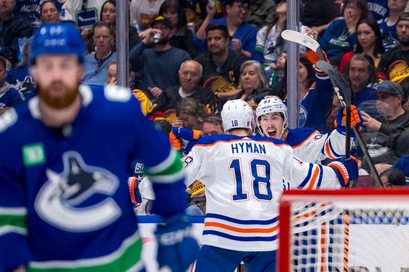 May 20, 2024; Vancouver, British Columbia, CAN; Edmonton Oilers forward Zach Hyman (18) and forward Ryan Nugent Hopkins (93) celebrate Nugent Hopkins goal against the Vancouver Canucks during the second period in game seven of the second round of the 2024 Stanley Cup Playoffs at Rogers Arena. Mandatory Credit: Bob Frid-USA TODAY Sports