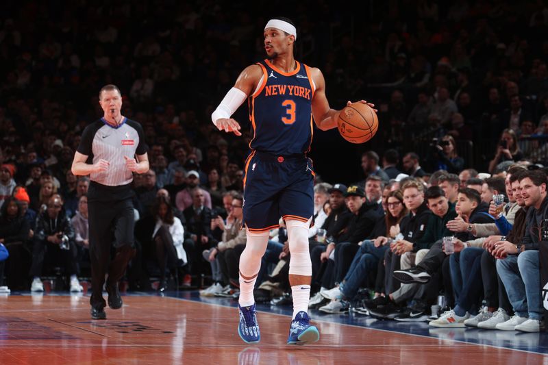 NEW YORK, NY - DECEMBER 3: Josh Hart #3 of the New York Knicks dribbles the ball during the game against the Orlando Magic during the Emirates NBA Cup on December 3, 2024 at Madison Square Garden in New York City, New York.  NOTE TO USER: User expressly acknowledges and agrees that, by downloading and or using this photograph, User is consenting to the terms and conditions of the Getty Images License Agreement. Mandatory Copyright Notice: Copyright 2024 NBAE  (Photo by Nathaniel S. Butler/NBAE via Getty Images)