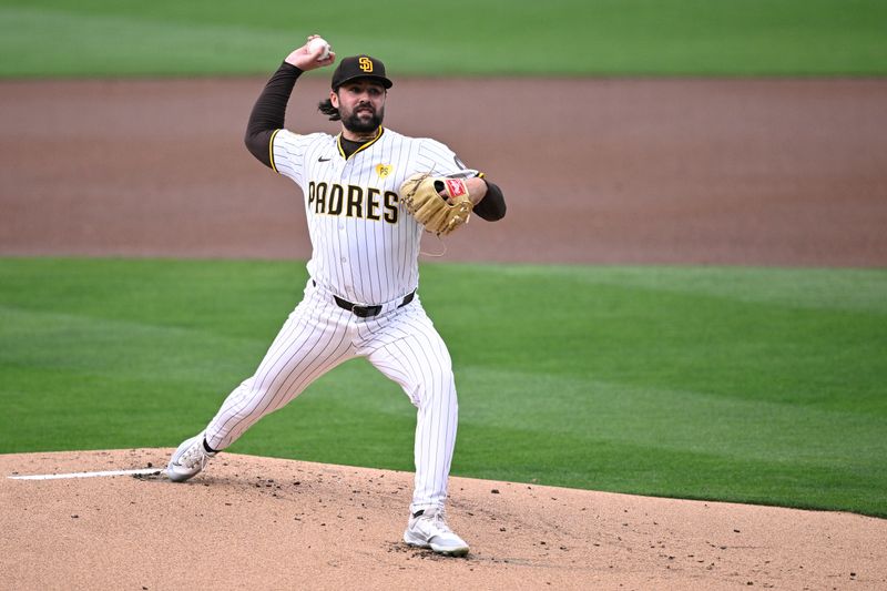 May 11, 2024; San Diego, California, USA; San Diego Padres starting pitcher Matt Waldron (61) throws a pitch against the Los Angeles Dodgers during the first inning at Petco Park. Mandatory Credit: Orlando Ramirez-USA TODAY Sports