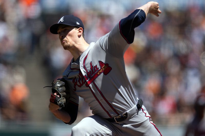Aug 15, 2024; San Francisco, California, USA; Atlanta Braves pitcher starting Max Fried (54) delivers against the San Francisco Giants during the second inning at Oracle Park. Mandatory Credit: D. Ross Cameron-USA TODAY Sports