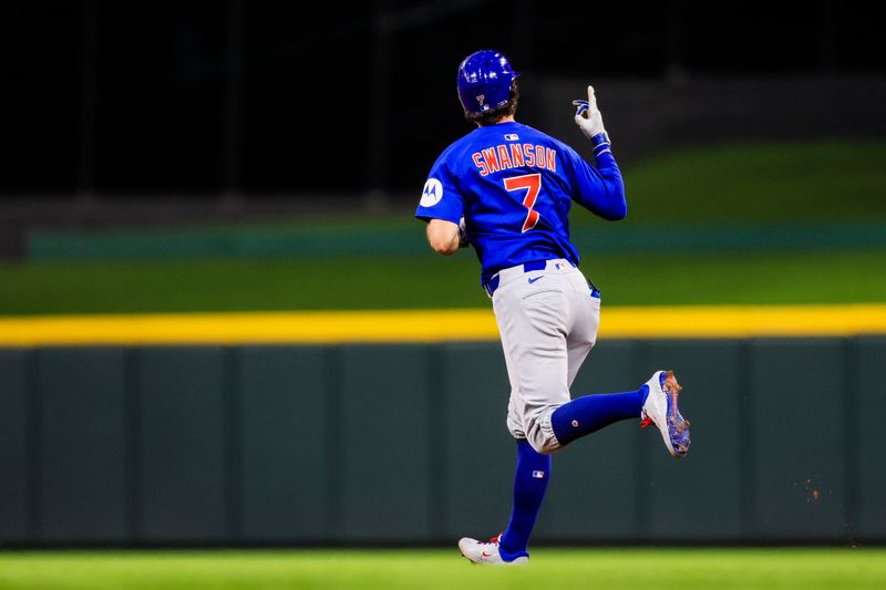 May 23, 2025; Cincinnati, Ohio, USA; Chicago Cubs shortstop Dansby Swanson (7) reacts after hitting a two-run home run in the ninth inning against the Cincinnati Reds at Great American Ball Park. Mandatory Credit: Katie Stratman-Imagn Images