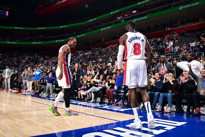 DETROIT, MI - NOVEMBER 10: Tim Hardaway Jr. #8 and Jaden Ivey #23 of the Detroit Pistons celebrate during the game against the Houston Rockets on November 10, 2024 at Little Caesars Arena in Detroit, Michigan. NOTE TO USER: User expressly acknowledges and agrees that, by downloading and/or using this photograph, User is consenting to the terms and conditions of the Getty Images License Agreement. Mandatory Copyright Notice: Copyright 2024 NBAE (Photo by Chris Schwegler/NBAE via Getty Images)