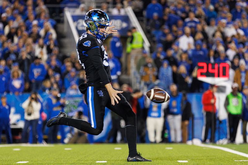 Oct 14, 2023; Lexington, Kentucky, USA; Kentucky Wildcats punter Wilson Berry (93) punts the ball during the second quarter against the Missouri Tigers at Kroger Field. Mandatory Credit: Jordan Prather-USA TODAY Sports