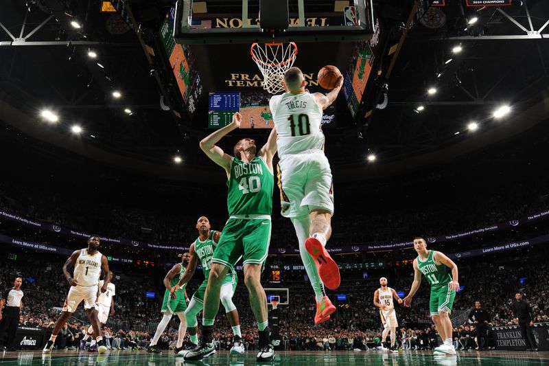 BOSTON, MA - JANUARY 12: Daniel Theis #10 of the New Orleans Pelicans drives to the basket during the game against the Boston Celtics on January 12, 2025 at TD Garden in Boston, Massachusetts. NOTE TO USER: User expressly acknowledges and agrees that, by downloading and/or using this Photograph, user is consenting to the terms and conditions of the Getty Images License Agreement. Mandatory Copyright Notice: Copyright 2025 NBAE (Photo by Brian Babineau/NBAE via Getty Images)