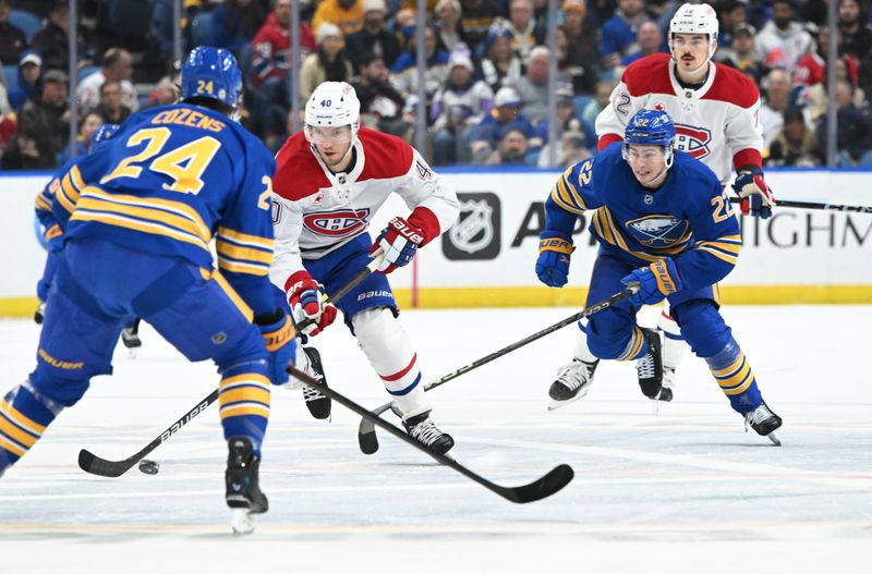 Nov 11, 2024; Buffalo, New York, USA; Montreal Canadiens right wing Joel Armia (40) tries to get the puck past Buffalo Sabres center Dylan Cozens (24) in the first period at KeyBank Center. Mandatory Credit: Mark Konezny-Imagn Images