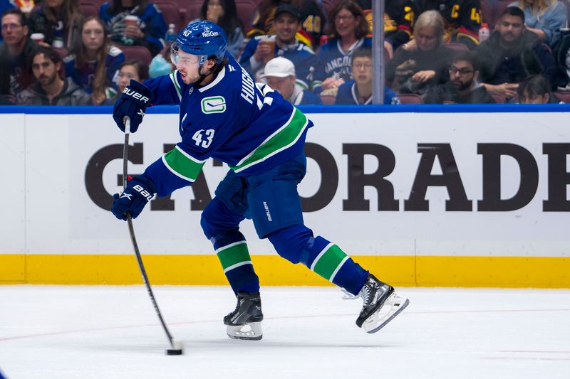 Oct 11, 2024; Vancouver, British Columbia, CAN; Vancouver Canucks defenseman Quinn Hughes (43) makes a pass against the Philadelphia Flyers  during the second period at Rogers Arena. Mandatory Credit: Bob Frid-Imagn Images