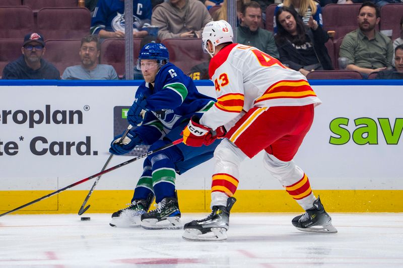Oct 9, 2024; Vancouver, British Columbia, CAN; Calgary Flames forward Adam Klapka (43) defends against Vancouver Canucks forward Brock Boeser (6) during the second period at Rogers Arena. Mandatory Credit: Bob Frid-Imagn Images