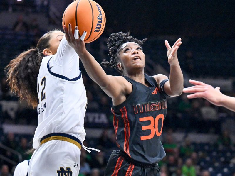 Jan 14, 2024; South Bend, Indiana, USA; Miami Hurricanes guard Shayeann Day-Wilson (30) goes up for a shot as Notre Dame Fighting Irish forward Kylee Watson (22) defends in the second half at the Purcell Pavilion. Mandatory Credit: Matt Cashore-USA TODAY Sports