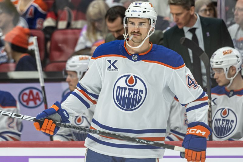 Nov 19, 2024; Ottawa, Ontario, CAN; Edmonton Oilers defenseman Joshua Brown (44) skates in the second period against the Ottawa Senators at the Canadian Tire Centre. Mandatory Credit: Marc DesRosiers-Imagn Images