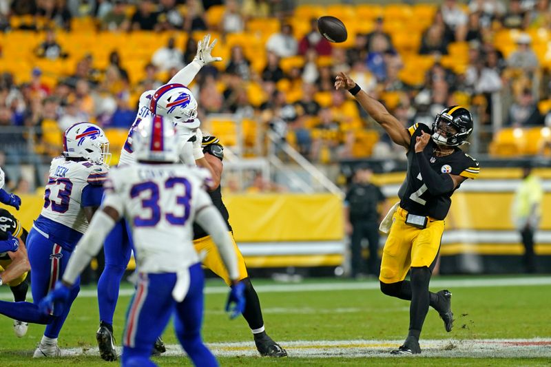 Pittsburgh Steelers quarterback Justin Fields (2) throws a pass during the second half of an NFL preseason football game against the Buffalo Bills, Saturday, Aug. 17, 2024, in Pittsburgh. The Bills won 9-3. (AP Photo/Matt Freed)