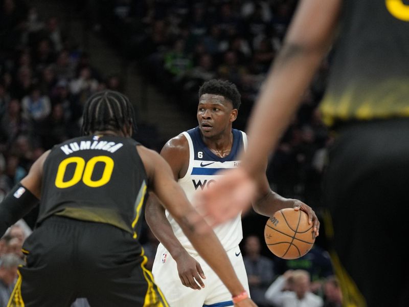 MINNEAPOLIS, MN -  FEBRUARY 1: Anthony Edwards #1 of the Minnesota Timberwolves dribbles the ball during the game against the Golden State Warriors on February 1, 2023 at Target Center in Minneapolis, Minnesota. NOTE TO USER: User expressly acknowledges and agrees that, by downloading and or using this Photograph, user is consenting to the terms and conditions of the Getty Images License Agreement. Mandatory Copyright Notice: Copyright 2023 NBAE (Photo by Jordan Johnson/NBAE via Getty Images)