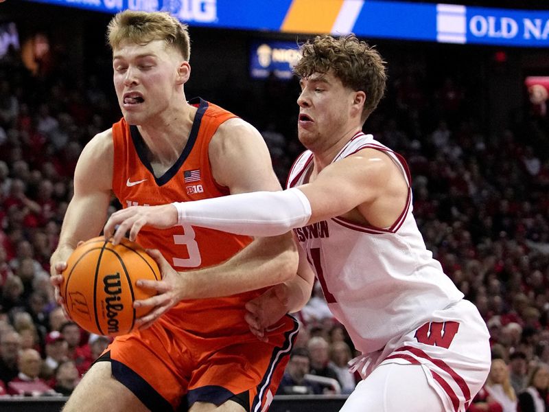 Mar 2, 2024; Madison, WI, USA; Wisconsin guard Max Klesmit (11) fouls Illinois forward Marcus Domask (3) during the first half of their game Saturday, March 2, 2024 at the Kohl Center in Madison, Wisconsin.
 Mandatory Credit: Mark Hoffman-USA TODAY Sports