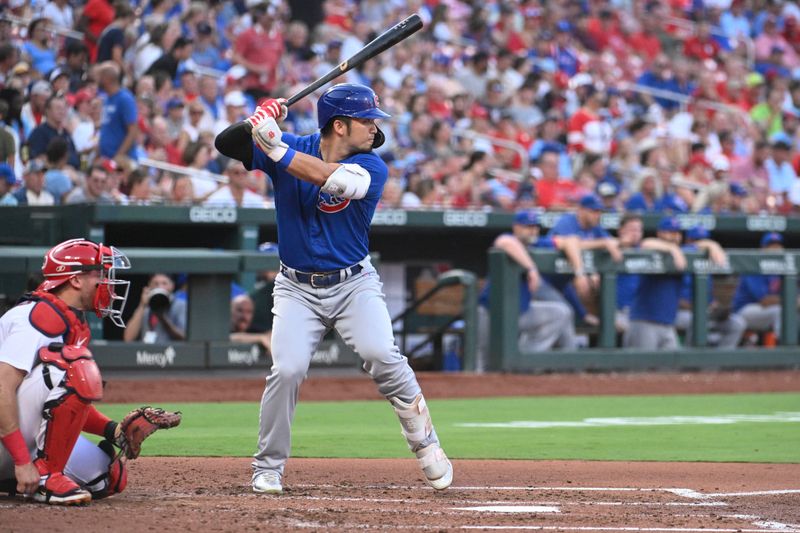 Jul 27, 2023; St. Louis, Missouri, USA; Chicago Cubs right fielder Seiya Suzuki (27) at bat against the St. Louis Cardinals in the third inning at Busch Stadium. Mandatory Credit: Joe Puetz-USA TODAY Sports