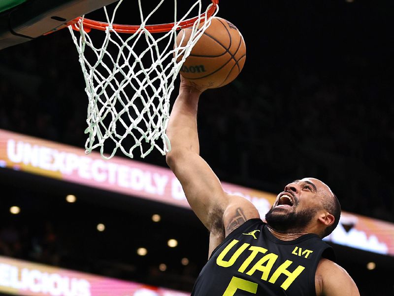 BOSTON, MASSACHUSETTS - JANUARY 05: Talen Horton-Tucker #5 of the Utah Jazz dunks the ball against the Boston Celtics during the fourth quarter at TD Garden on January 05, 2024 in Boston, Massachusetts. The Celtics defeat the Jazz 126-97. NOTE TO USER: User expressly acknowledges and agrees that, by downloading and or using this photograph, user is consenting to the terms and conditions of the Getty Images License Agreement.  (Photo by Maddie Meyer/Getty Images)