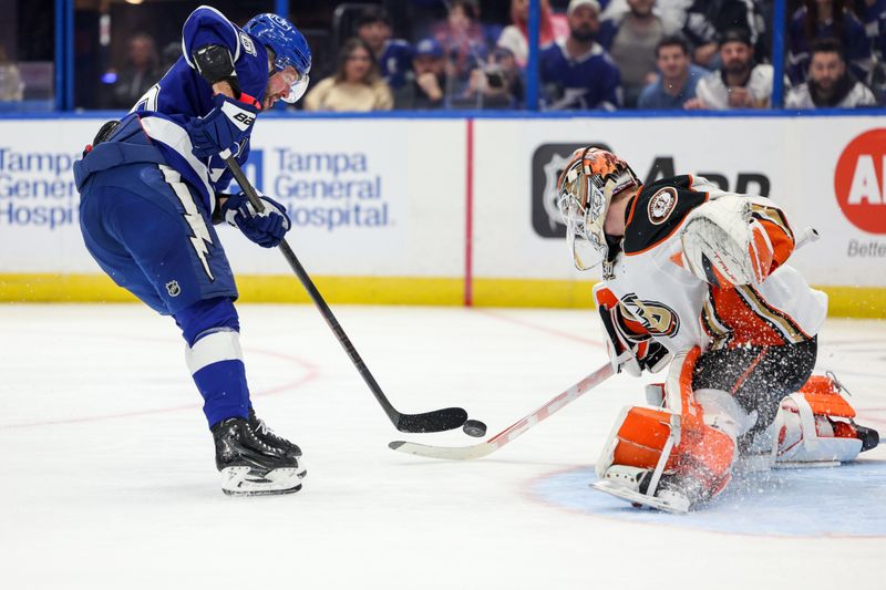 Jan 13, 2024; Tampa, Florida, USA;  a shot from Tampa Bay Lightning right wing Nikita Kucherov (86) is stopped by Anaheim Ducks goaltender Lukas Dostal (1) in the third period at Amalie Arena. Mandatory Credit: Nathan Ray Seebeck-USA TODAY Sports