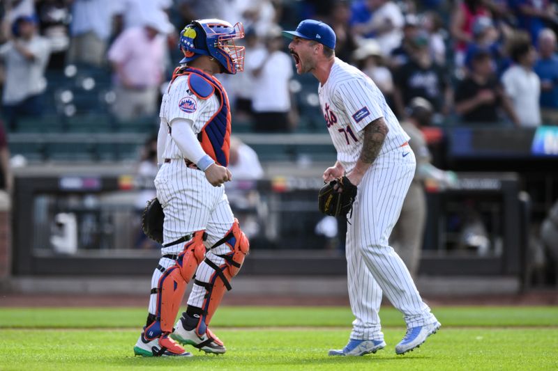 Jun 16, 2024; New York City, New York, USA; New York Mets pitcher Sean Reid-Foley (71) reacts with New York Mets catcher Luis Torrens (13) after the game final out against the San Diego Padres at Citi Field. Mandatory Credit: John Jones-USA TODAY Sports