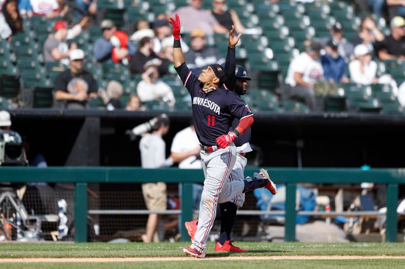 Sep 17, 2023; Chicago, Illinois, USA; Minnesota Twins second baseman Jorge Polanco (11) rounds the bases after hitting a solo home run against the Chicago White Sox during the eight inning at Guaranteed Rate Field. Mandatory Credit: Kamil Krzaczynski-USA TODAY Sports