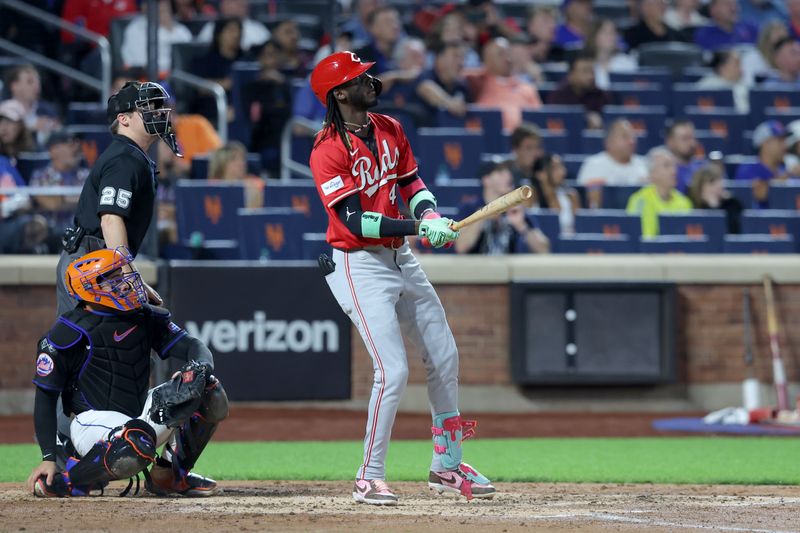 Sep 6, 2024; New York City, New York, USA; Cincinnati Reds shortstop Elly De La Cruz (44) watches his two run home run against the New York Mets during the fourth inning at Citi Field. Mandatory Credit: Brad Penner-Imagn Images