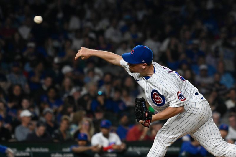 Jun 29, 2023; Chicago, Illinois, USA;  Chicago Cubs relief pitcher Mark Leiter Jr. (38) delivers against the Philadelphia Phillies  during the eighth inning at Wrigley Field. Mandatory Credit: Matt Marton-USA TODAY Sports