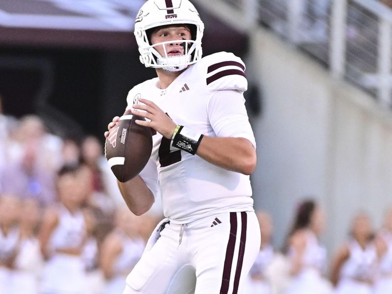 Sep 9, 2023; Starkville, Mississippi, USA; Mississippi State Bulldogs quarterback Will Rogers (2) looks to pass against the Arizona Wildcats during the first quarter at Davis Wade Stadium at Scott Field. Mandatory Credit: Matt Bush-USA TODAY Sports