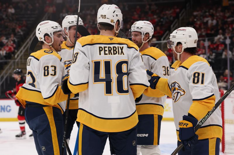 Jan 29, 2026; Newark, New Jersey, USA; Nashville Predators right wing Michael McCarron (47) celebrates his goal against the New Jersey Devils during the first period at Prudential Center. Mandatory Credit: Ed Mulholland-Imagn Images