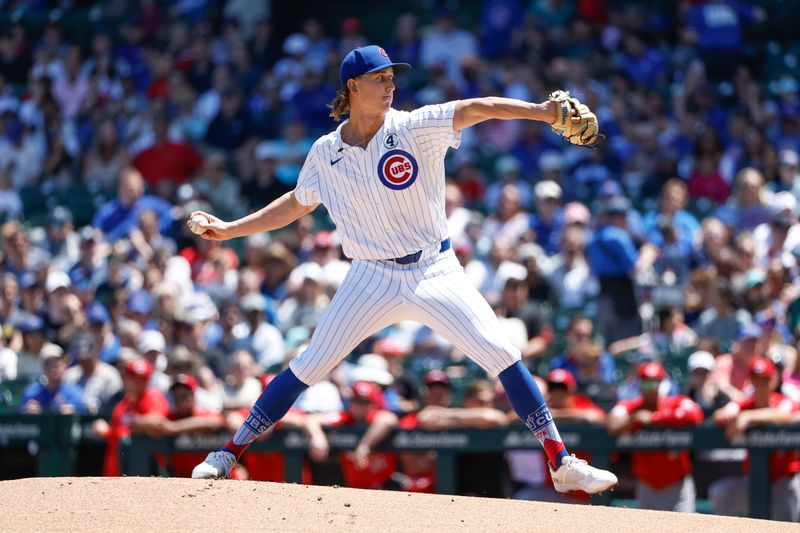 Jun 2, 2024; Chicago, Illinois, USA; Chicago Cubs starting pitcher Ben Brown (32) delivers a pitch against the Cincinnati Reds during the first inning at Wrigley Field. Mandatory Credit: Kamil Krzaczynski-USA TODAY Sports