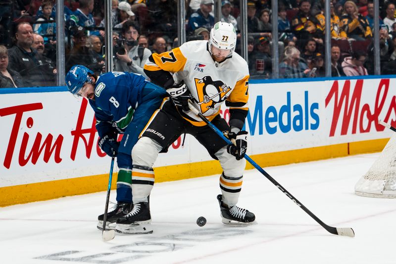 Jan 25, 2026; Vancouver, British Columbia, CAN; Pittsburgh Penguins forward Sidney Crosby (87) skates in front of Pittsburgh fans in warm up prior to a game against the Vancouver Canucks at Rogers Arena. Mandatory Credit: Bob Frid-Imagn Images