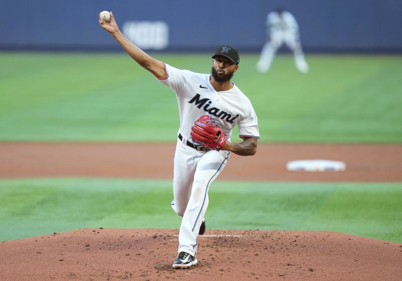 Apr 4, 2023; Miami, Florida, USA;  Miami Marlins starting pitcher Sandy Alcantara (22) pitches against the Minnesota Twins in the second inning at loanDepot Park. Mandatory Credit: Jim Rassol-USA TODAY Sports