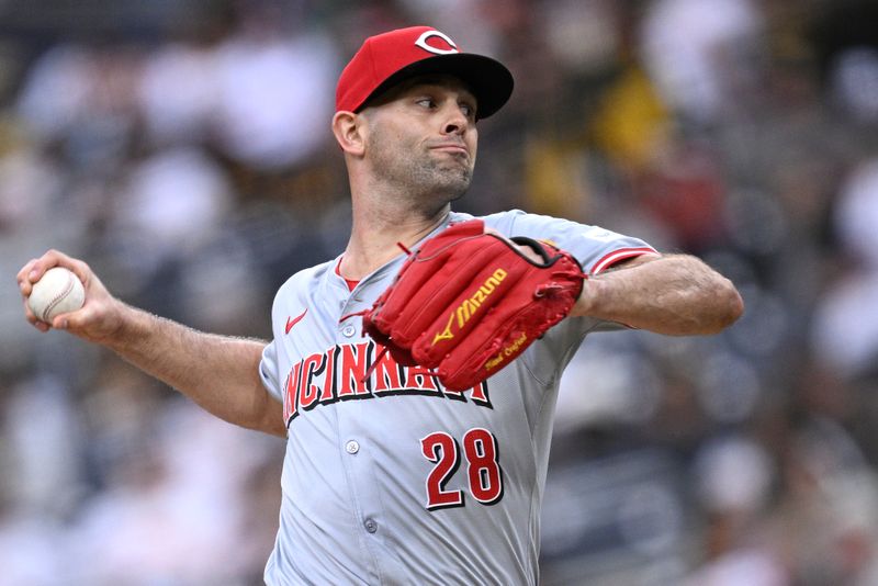 Apr 30, 2024; San Diego, California, USA; Cincinnati Reds starting pitcher Nick Martinez (28) throws a pitch against the San Diego Padres during the first inning at Petco Park. Mandatory Credit: Orlando Ramirez-USA TODAY Sports