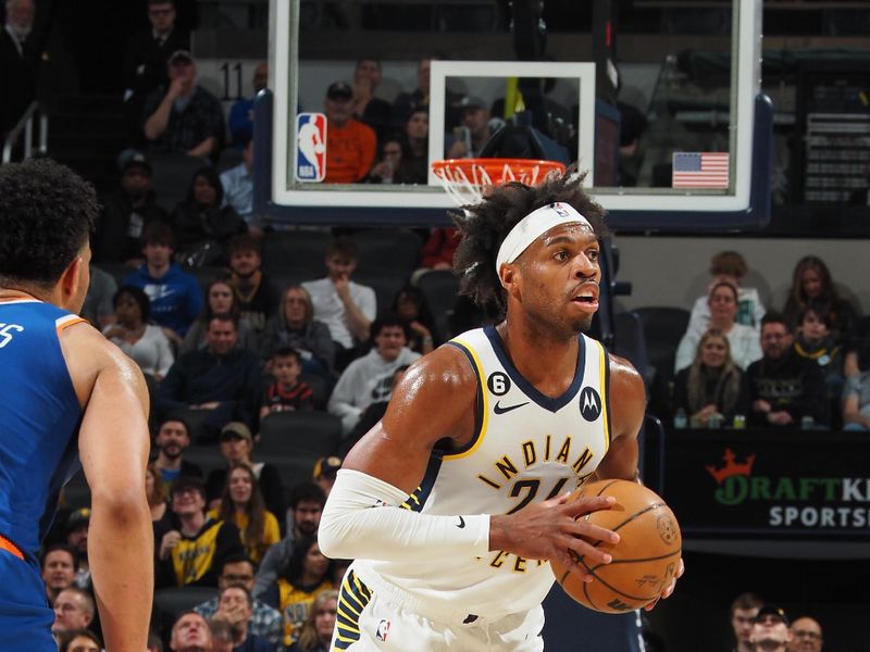 INDIANAPOLIS, IN - APRIL 5: Buddy Hield #24 of the Indiana Pacers handles the ball during the game against the New York Knicks on April 5, 2023 at Gainbridge Fieldhouse in Indianapolis, Indiana. NOTE TO USER: User expressly acknowledges and agrees that, by downloading and or using this Photograph, user is consenting to the terms and conditions of the Getty Images License Agreement. Mandatory Copyright Notice: Copyright 2023 NBAE (Photo by Ron Hoskins/NBAE via Getty Images)