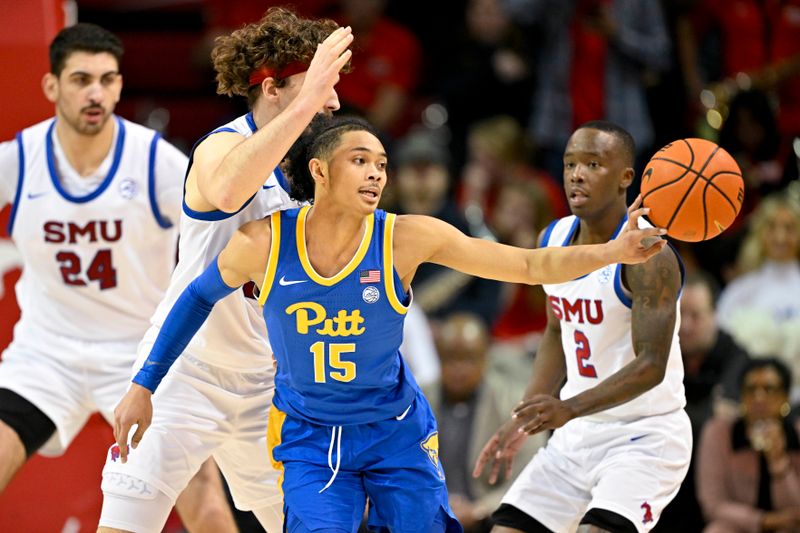 Feb 11, 2025; Dallas, Texas, USA; Pittsburgh Panthers guard Jaland Lowe (15) passes the ball by Southern Methodist Mustangs forward Matt Cross (33) during the second half at Moody Coliseum. Mandatory Credit: Jerome Miron-Imagn Images